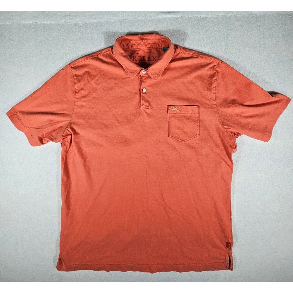 Tommy Bahama Relax Mens Large Coral Orange Pima Cotton Pocket Polo Shirt‎ L